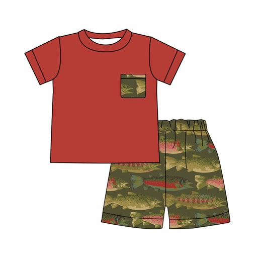 Short sleeves pocket shirt fish shorts boys clothes