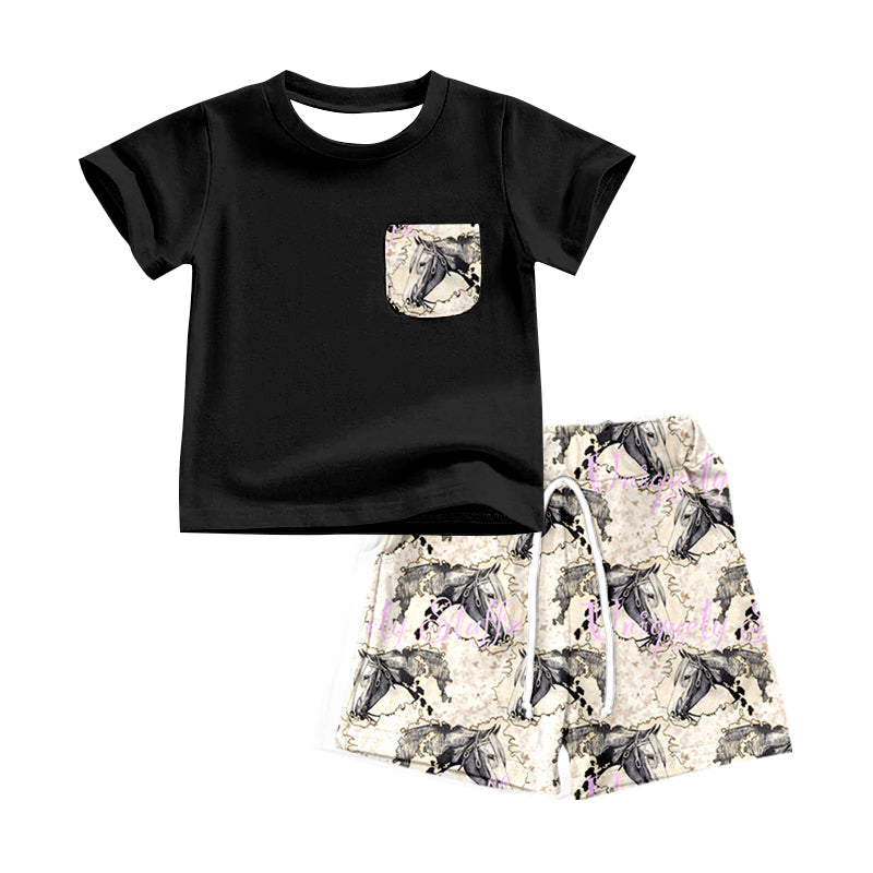 Short sleeves pocket black horse top shorts boys outfits