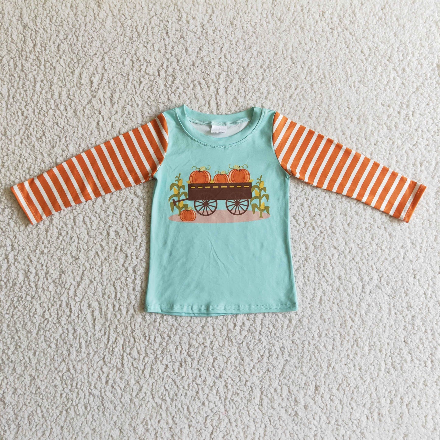 Pumpkin corn print stripe sleeves boy fall shirt