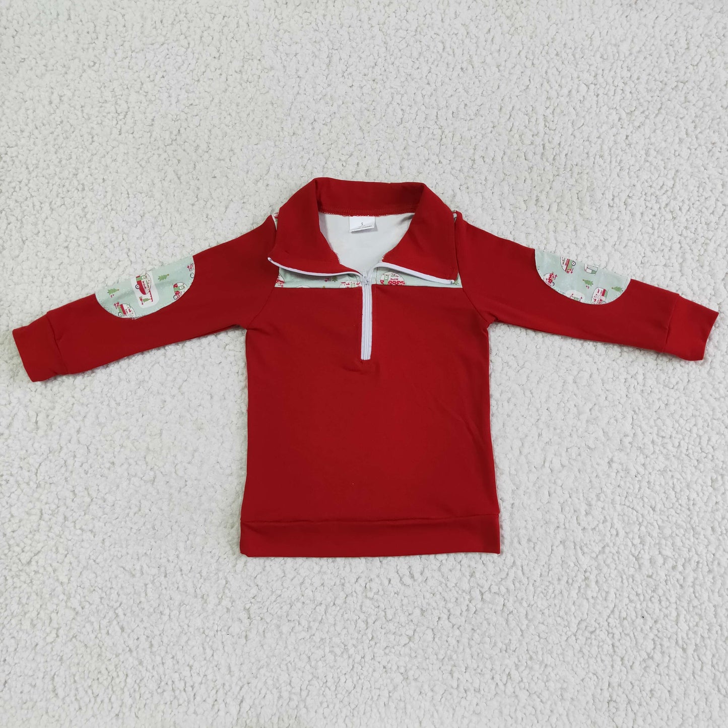 Camping red long sleeve kids Christmas zipper pullover shirt