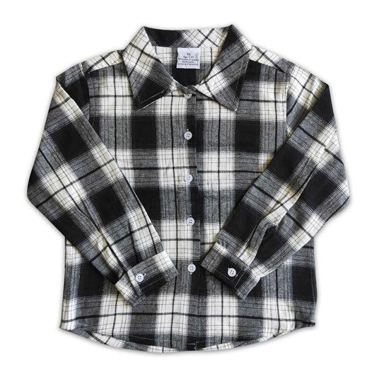 Black white plaid cotton pocket boy thin flannel button up shirt