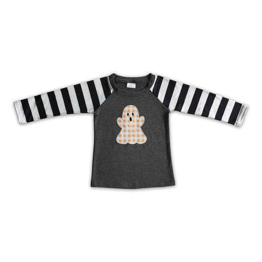 Stripe long sleeves ghost embroidery kids boy Halloween shirt