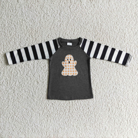Stripe long sleeves ghost embroidery kids boy Halloween shirt