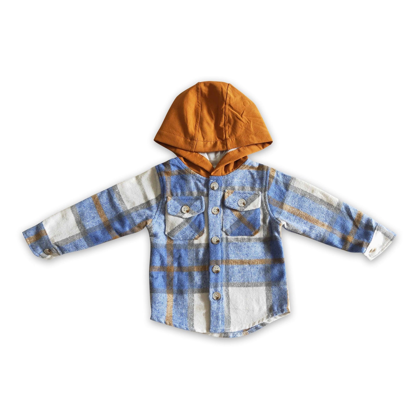 Blue plaid cotton shirt pocket boy thick flannel button up hoodie