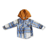 Blue plaid cotton shirt pocket boy thick flannel button up hoodie