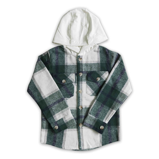 Green plaid cotton shirt pocket boy thick flannel button up hoodie
