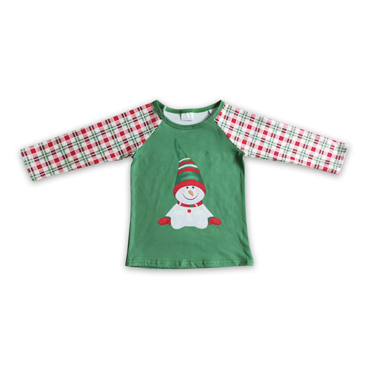 Green snowman plaid kids boy Christmas raglan shirt