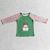 Green snowman plaid kids boy Christmas raglan shirt