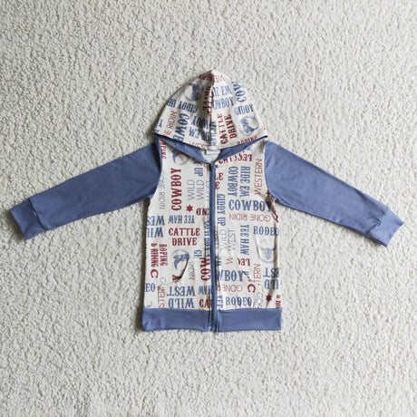 Cowboy print zipper hoodie kids boy western jacket