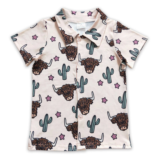 Highland cow cactus short sleeves kids boy button up shirt