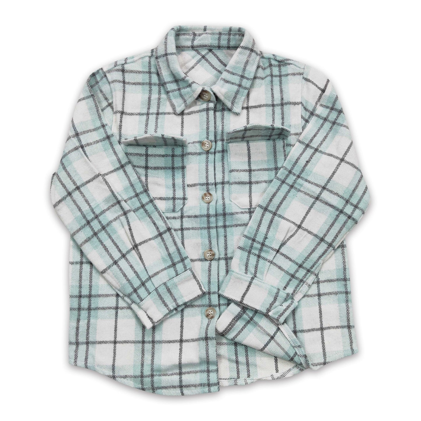 Green plaid cotton pocket boy flannel button up shirt