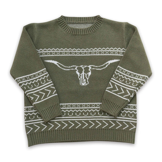 Olive bull skull aztec cow baby kids sweater