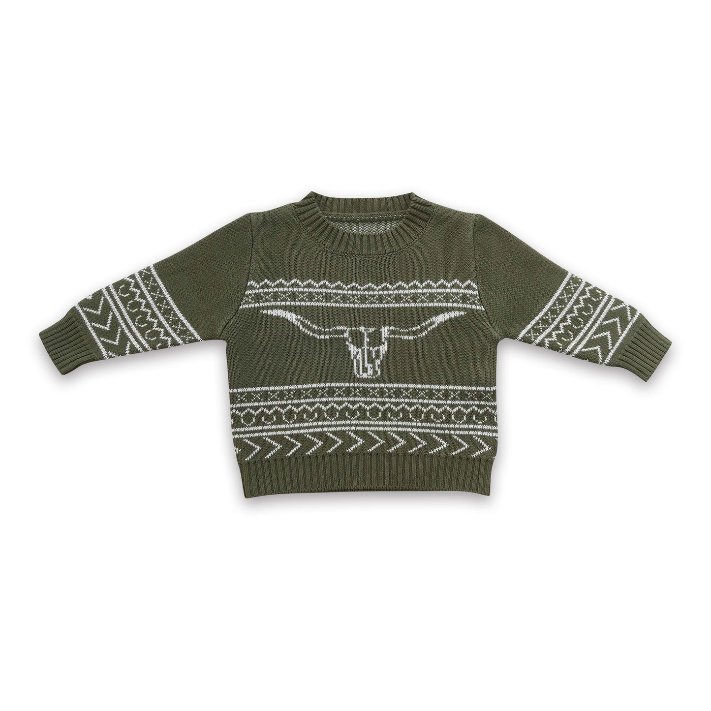 Olive bull skull aztec cow baby kids sweater