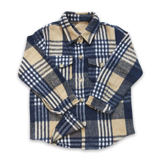 Navy khaki plaid cotton pocket boy thick flannel button up shirt