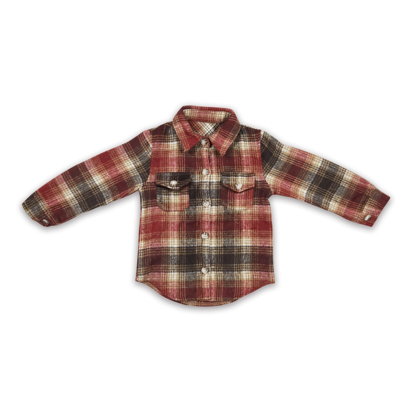 Red brown plaid cotton pocket boy flannel button up shirt