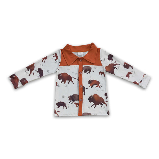 Brown long sleeves cow kids boy western button up shirt