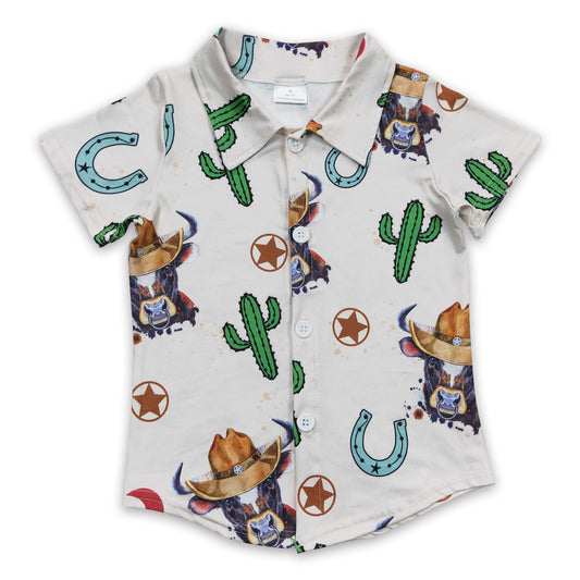 Cow cactus short sleeves boy western button up shirt