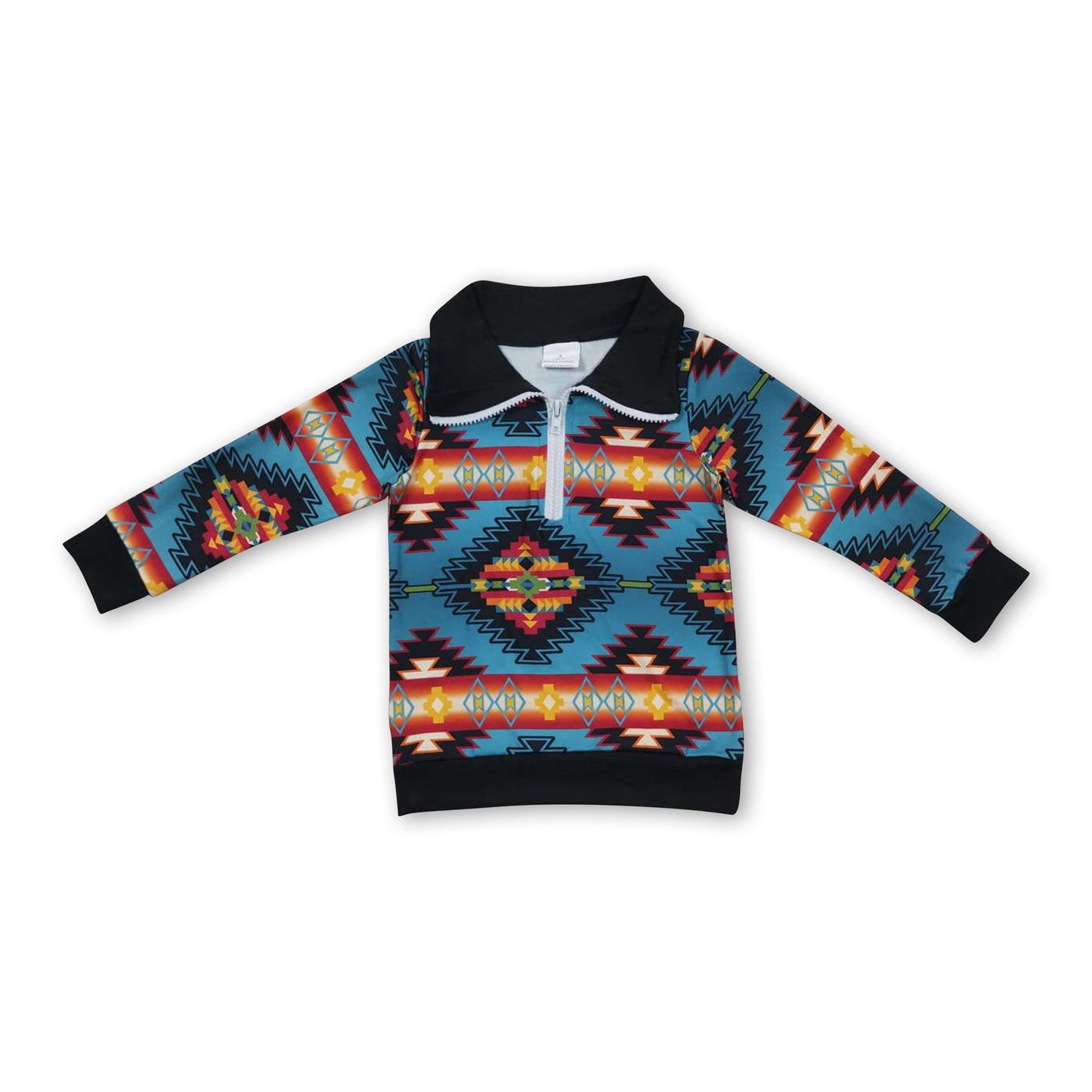 Turquoise aztec long sleeves kids western zipper pullover