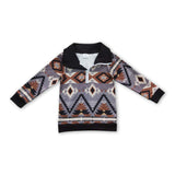 Grey brown aztec long sleeves kids western zipper pullover