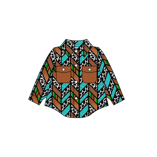 Turquoise cow print pockets baby kids button up shirt