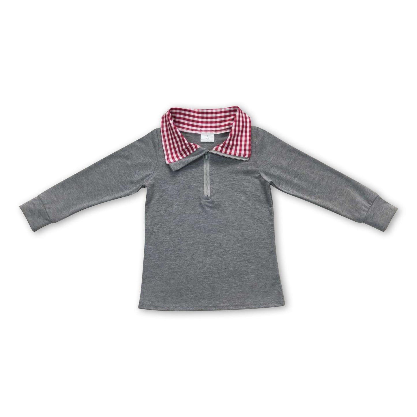 Grey cotton red plaid kids Christmas zipper pullover