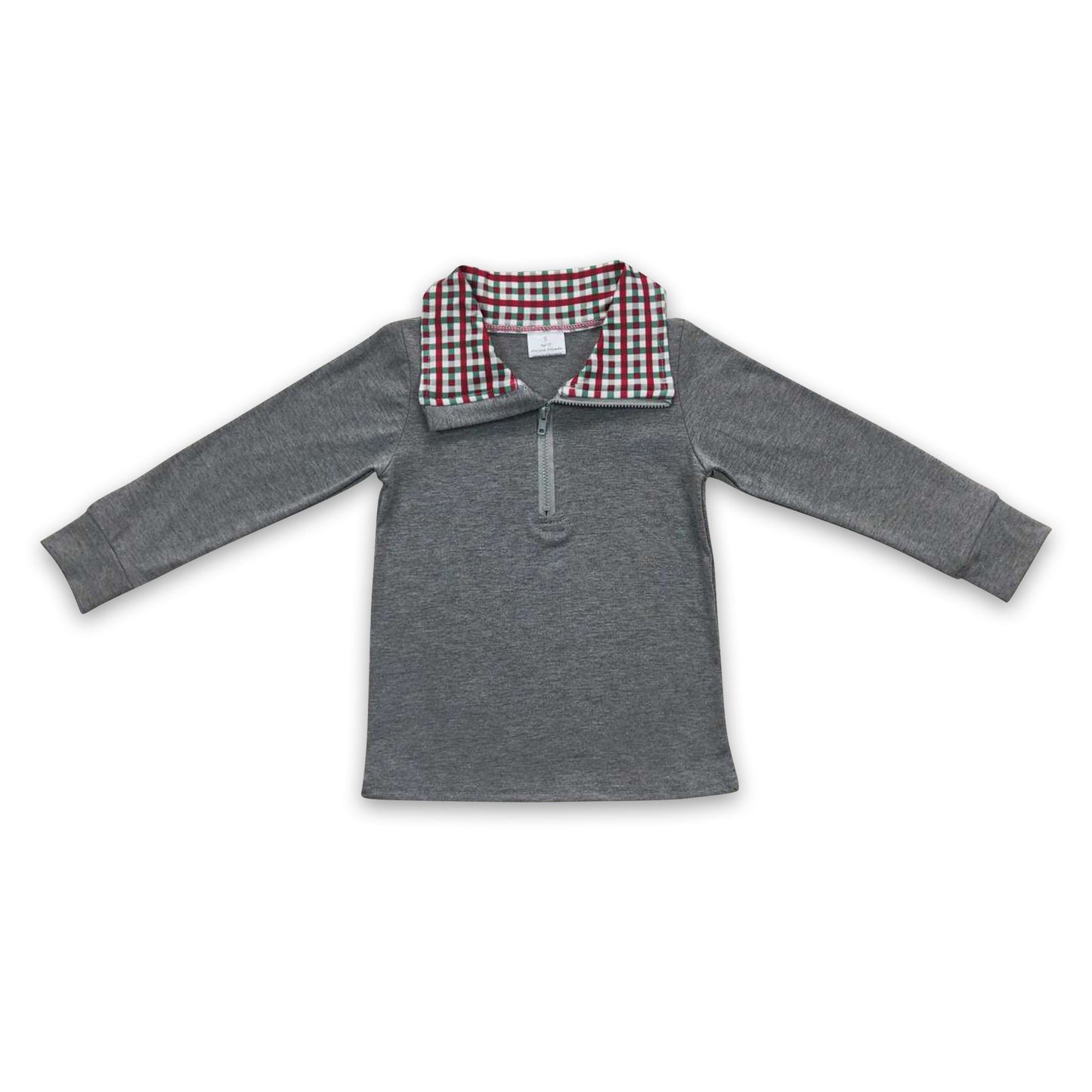 Grey cotton red and green plaid kids Christmas zipper pullover