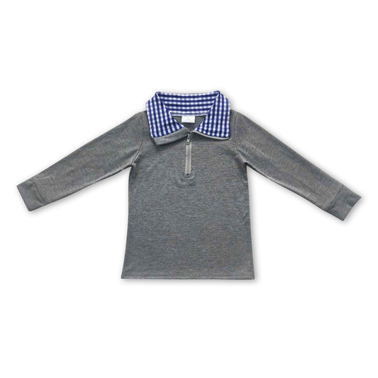 Grey cotton blue plaid kids boy zipper pullover