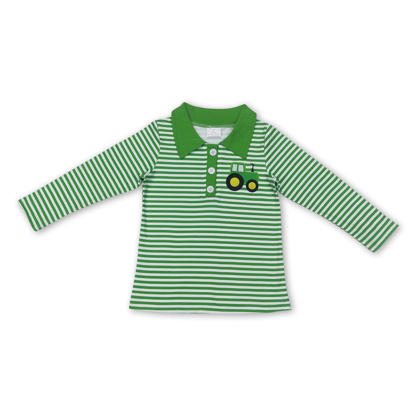 Long sleeves green stripe tractor farm kids boy polo shirt