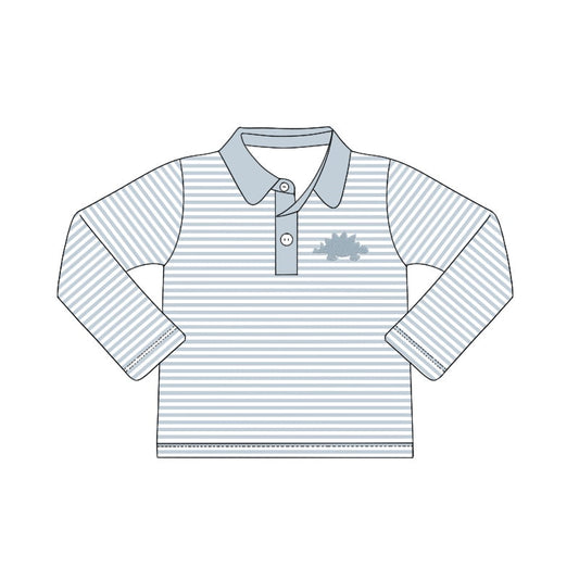 Long sleeves grey stripe dinosaur kids boy polo shirt