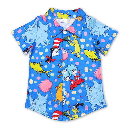 Short sleeves blue cat colorful dots boy button down shirt