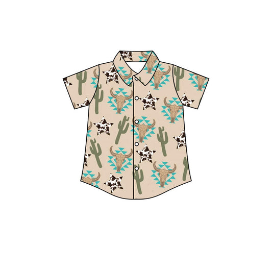 Bull skull cactus aztec western boys button down shirt