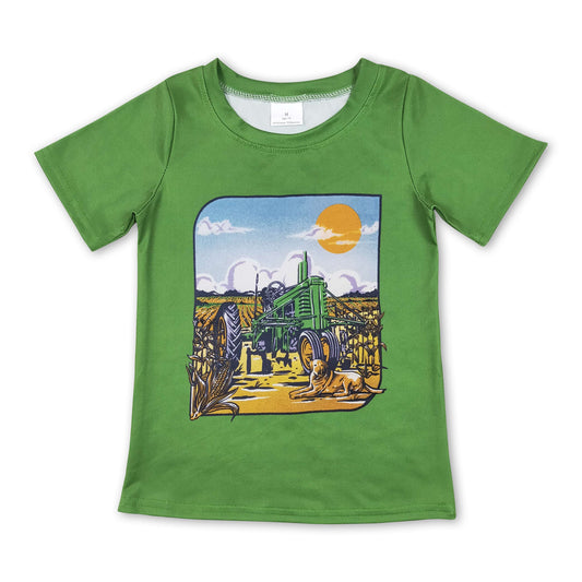 Green tractor dog corn short sleeves kids boys farm shirt