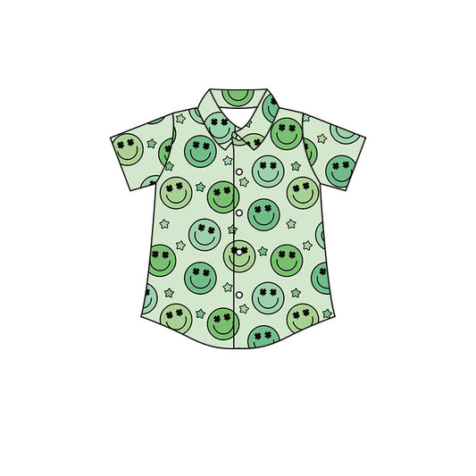 Green smile clover boys st patrick's day button down shirt