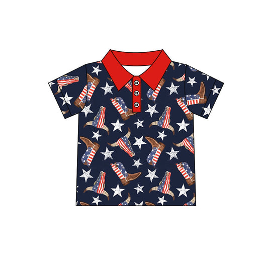 Boots bull skull star boys 4th of july polo shirt