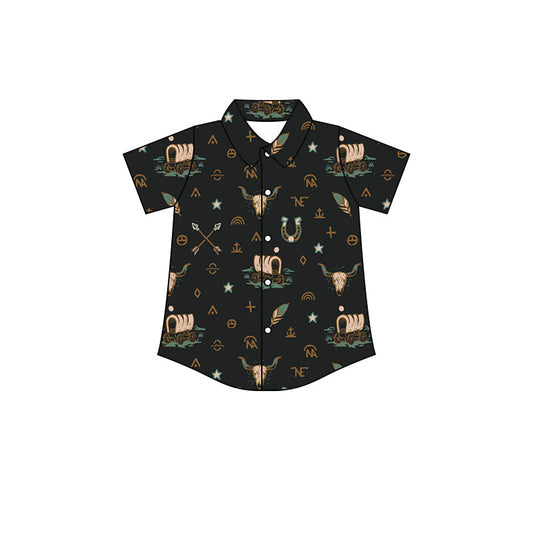 Short sleeves bull skull arrow kids boys button down shirt