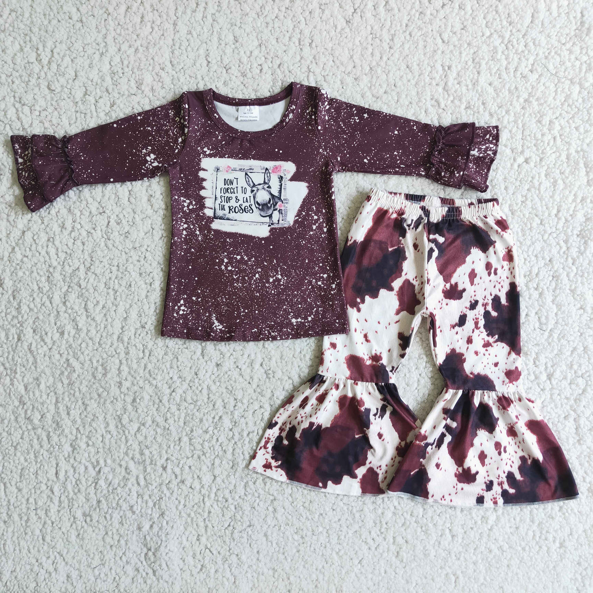 Brown bleached cow shirt bell bottom pants girls boutique clothing