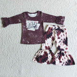 Brown bleached cow shirt bell bottom pants girls boutique clothing