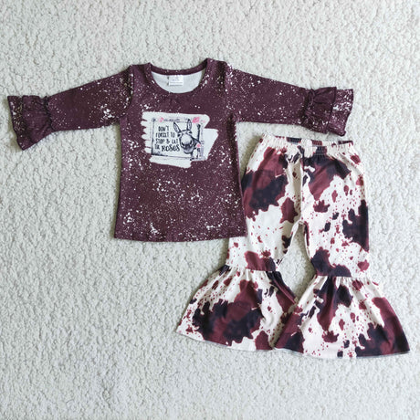 Brown bleached cow shirt bell bottom pants girls boutique clothing