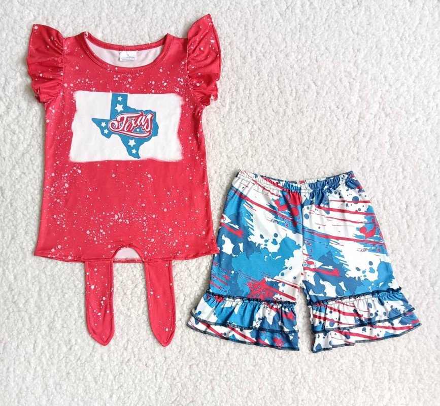 Flutter sleeve bleached shirt ruffle shorts girls 4th of july outfits