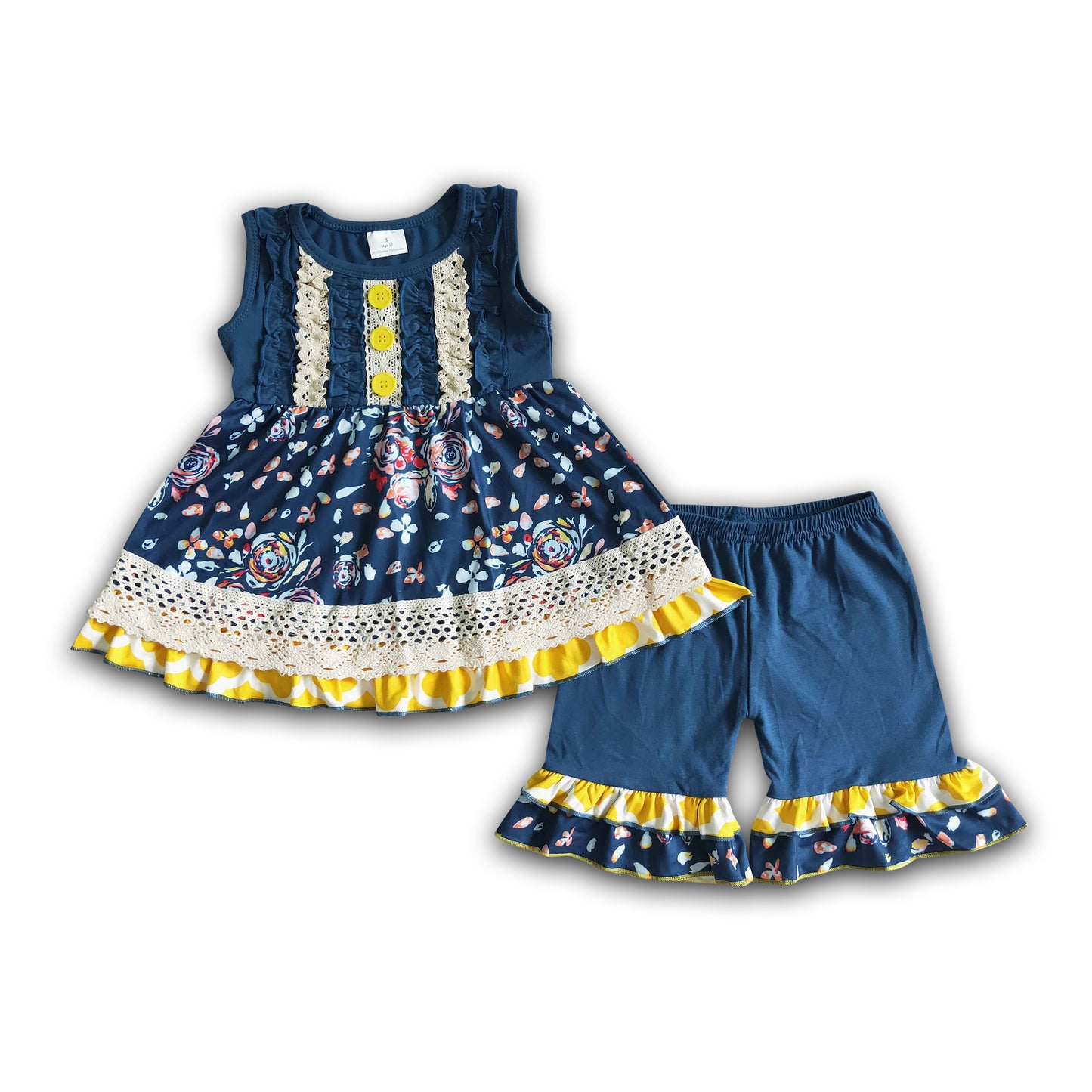 Navy floral sleeveless tunic ruffle shorts boutique girls clothing