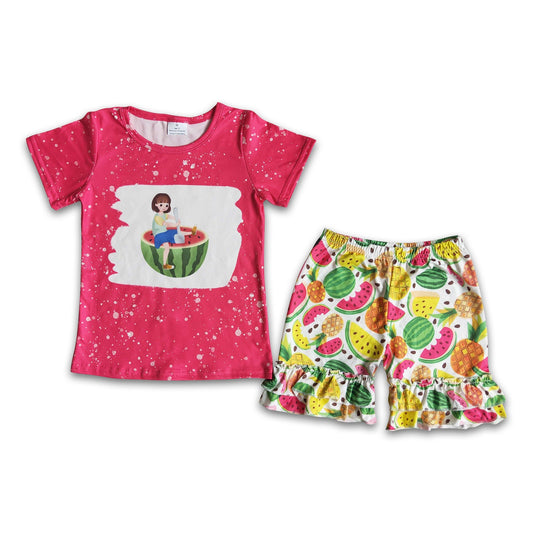 Watermelon screen print shirt ruffle shorts girls clothes