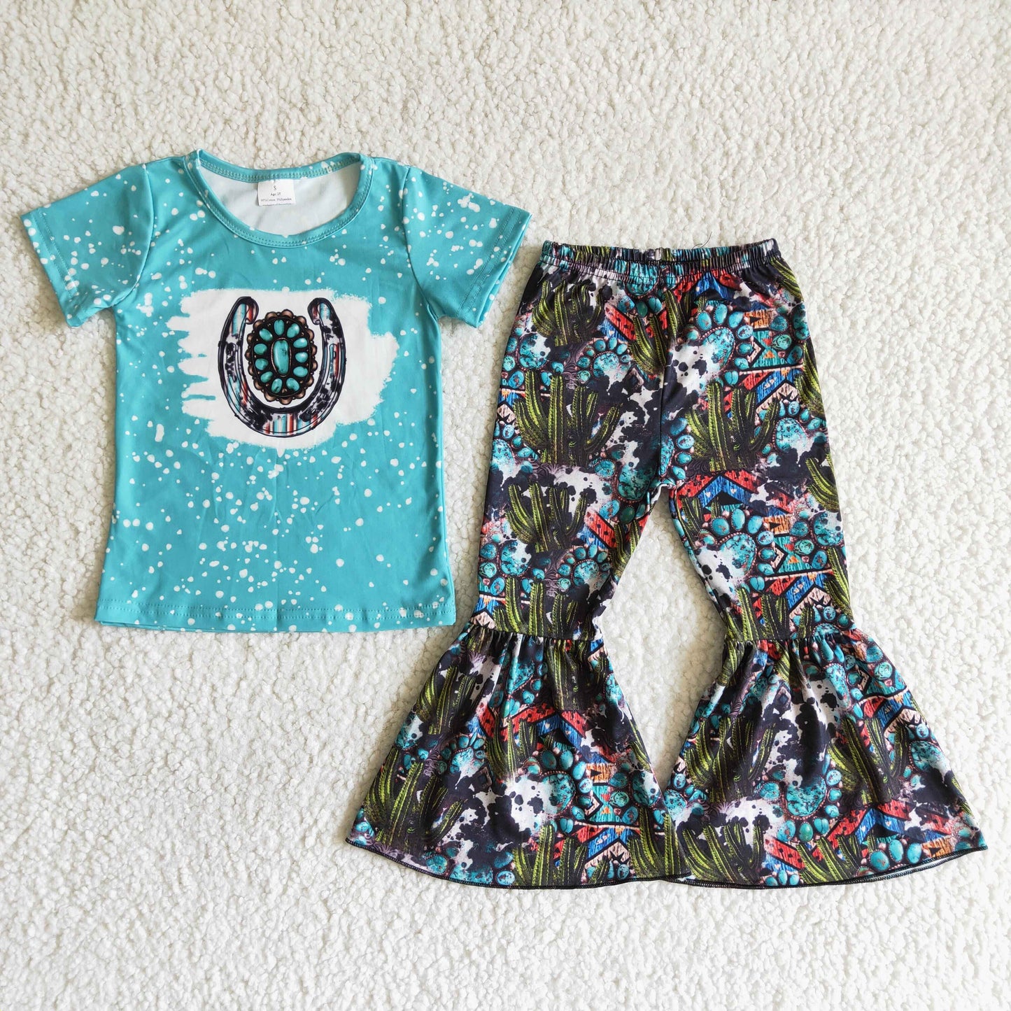 Turquoise bleached shirt cactus pants girls boutique clothing set