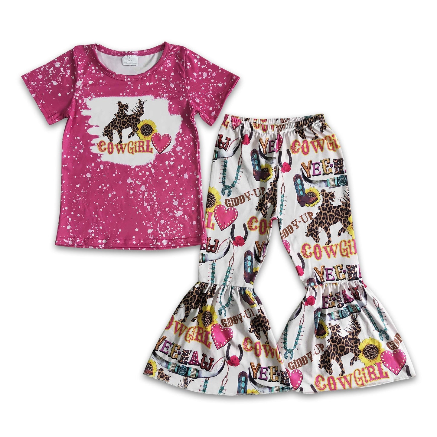 Cowgirl bleached shirt bell bottom pants girls western clothing set