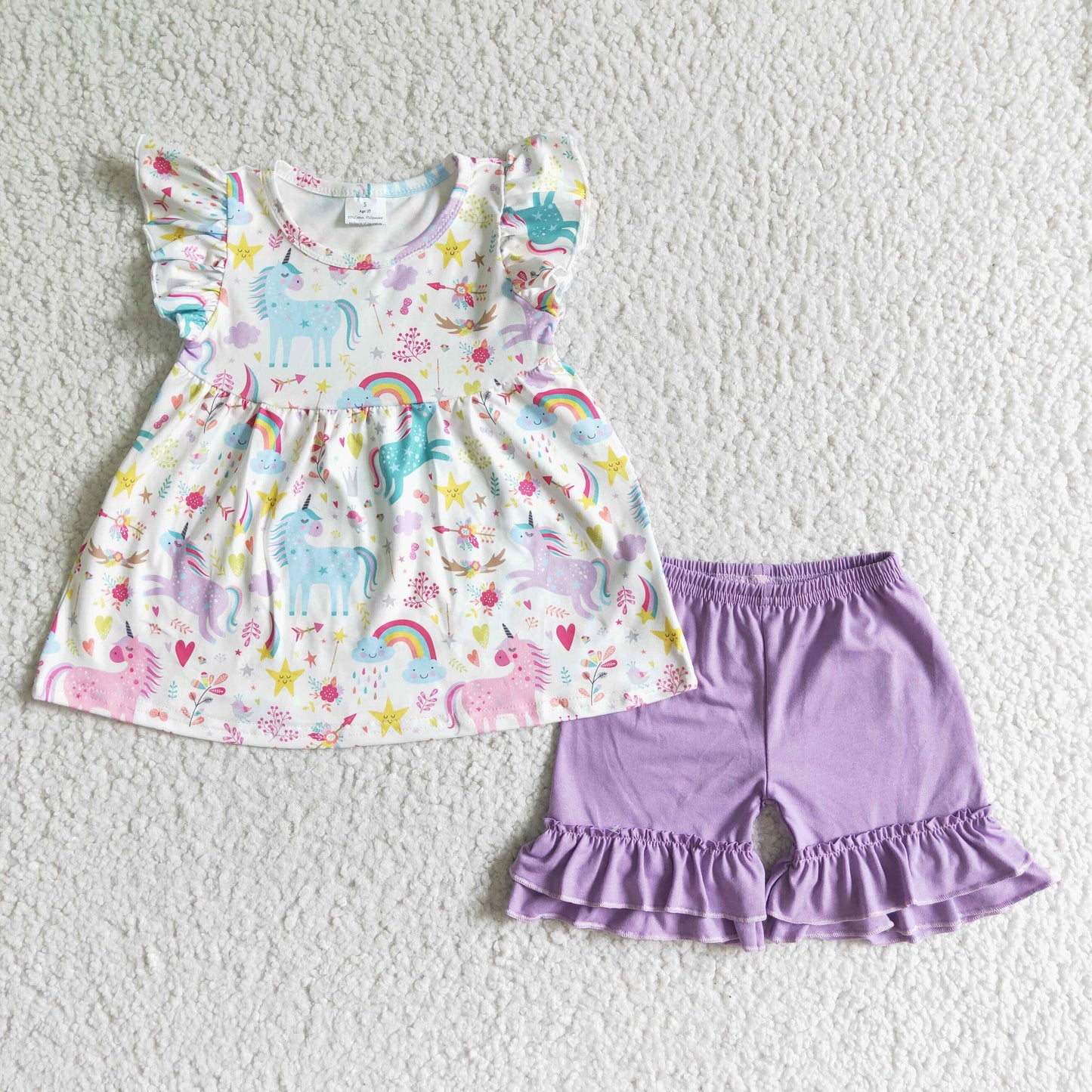 Unicorn flutter sleeve purple shorts kids clothing set