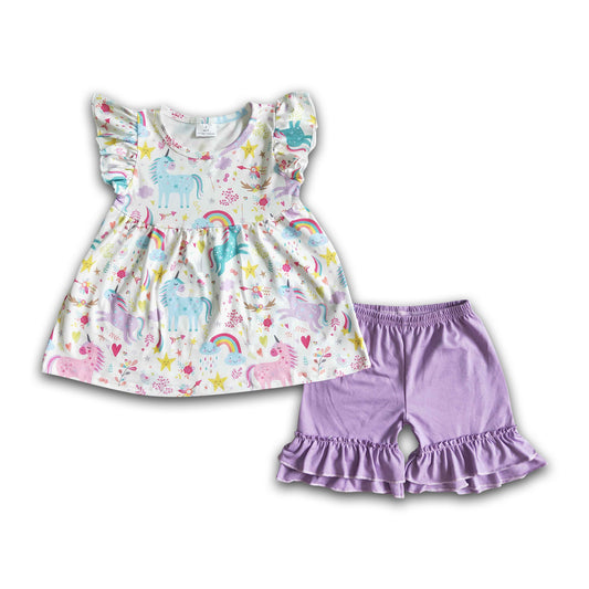 Unicorn flutter sleeve purple shorts kids clothing set