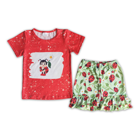 Ladybug bleached shirt ruffle shorts girls summer clothes