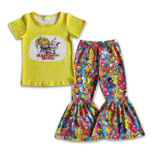 Girl rainbow yellow shirt bell bottom pants outfit