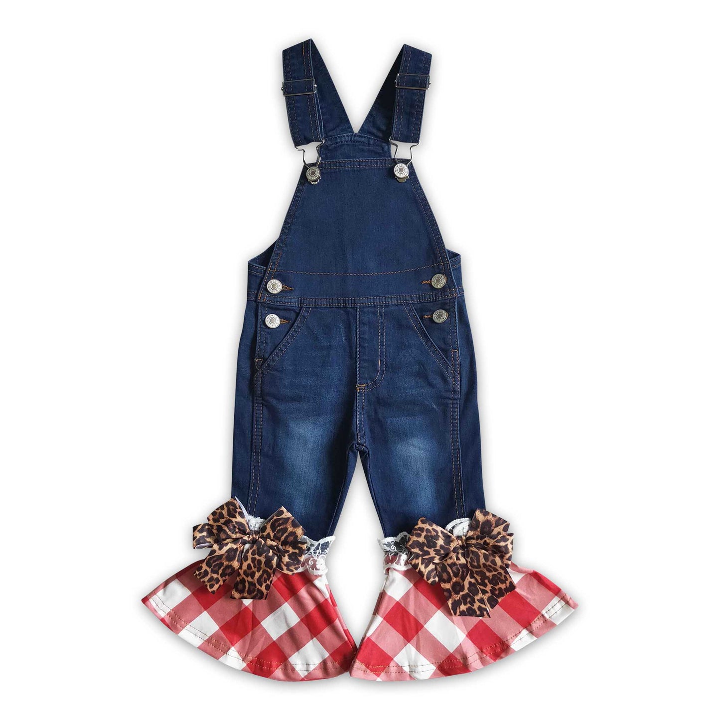 Leopard shirt red plaid denim overalls girls Christmas outfits