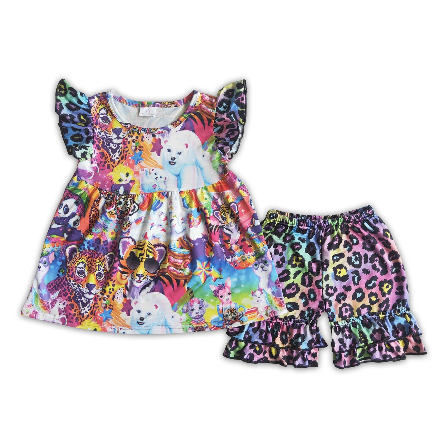 Colorful tiger leopard flutter sleeve girls clothing set