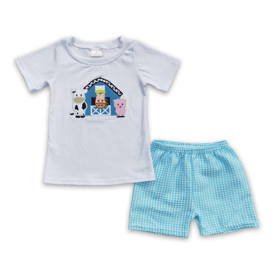 Cow pig embroidery kids boy farm summer outfits